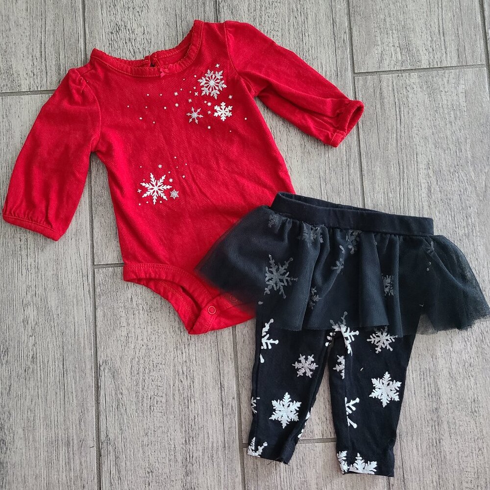Carter’s Baby Girl Red Snowflake Bodysuit & Black Tutu Legging Set Size 3M